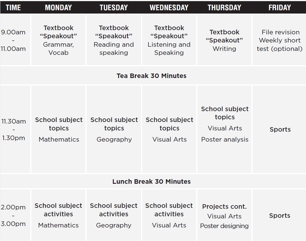 timetable for High School Preparation Course